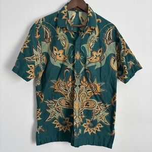 Danar Hadi Vintage Mens Indonesian Batik Short Sleeve Shirt Size L Green AOP